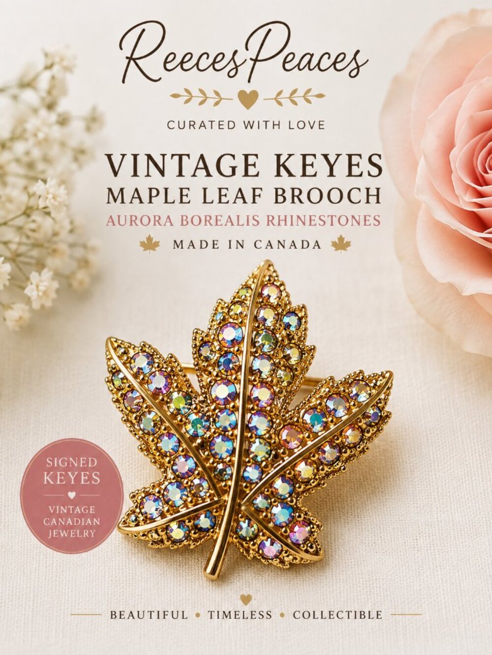 Vintage Keyes Canada Maple Leaf Brooch AB Rhinestones Signed